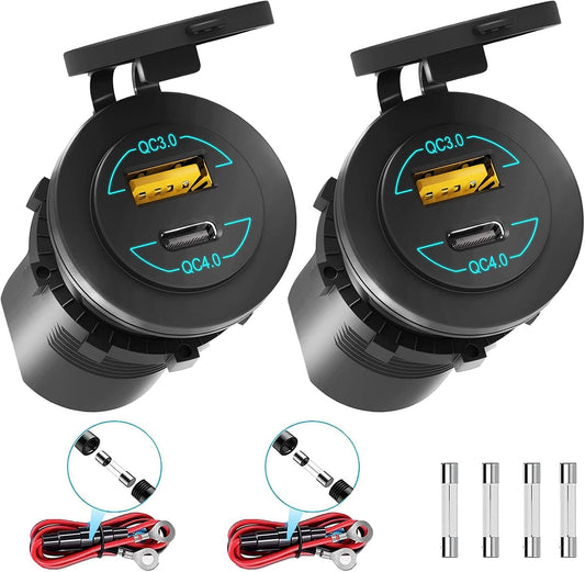 2 Pack 12V USB Outlet - 90W(Max) Dual Ports QC4.0 PD & Quick Charge3.0 Car Charger Socket with LED Indicator - Waterproof USB C Port for Car Boat Marine Motorcycle RV Truck ATV Golf Cart