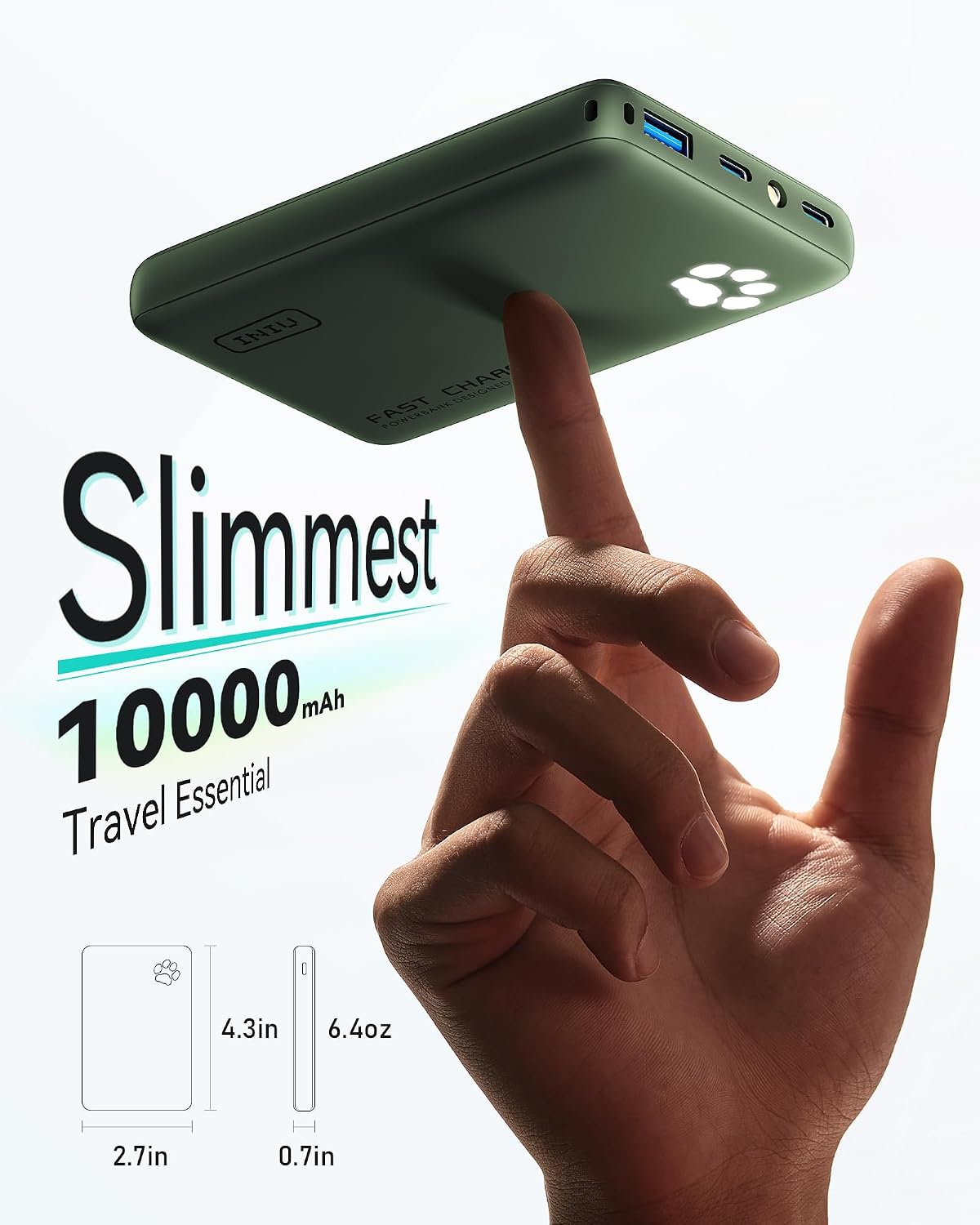 INIU 45W Fast Charging Portable Charger, Smaller 10000mAh Travel Power Bank | Flight-Safe, Detachable USB C Cable, Travel Essential, External Battery Phone Pack for iPhone 17 Samsung S26 iPad etc, Green