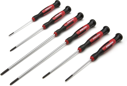 STEELMAN Precision Steel Shaft 6-Piece Long Electronics Screwdriver Set, Variety of Slotted/Phillips Sizes, Swivel-Head, Magnetic Tips