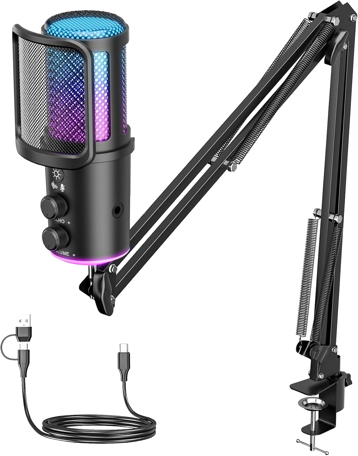 Gaming USB Microphone, Noise Cancellation Condenser Mic with Mute,Boom Arm Mic-Reverb Adjustment, Monitoring for Streaming, Podcasting, Discord, YouTube,PC, Computer, PS4, PS5, Mac