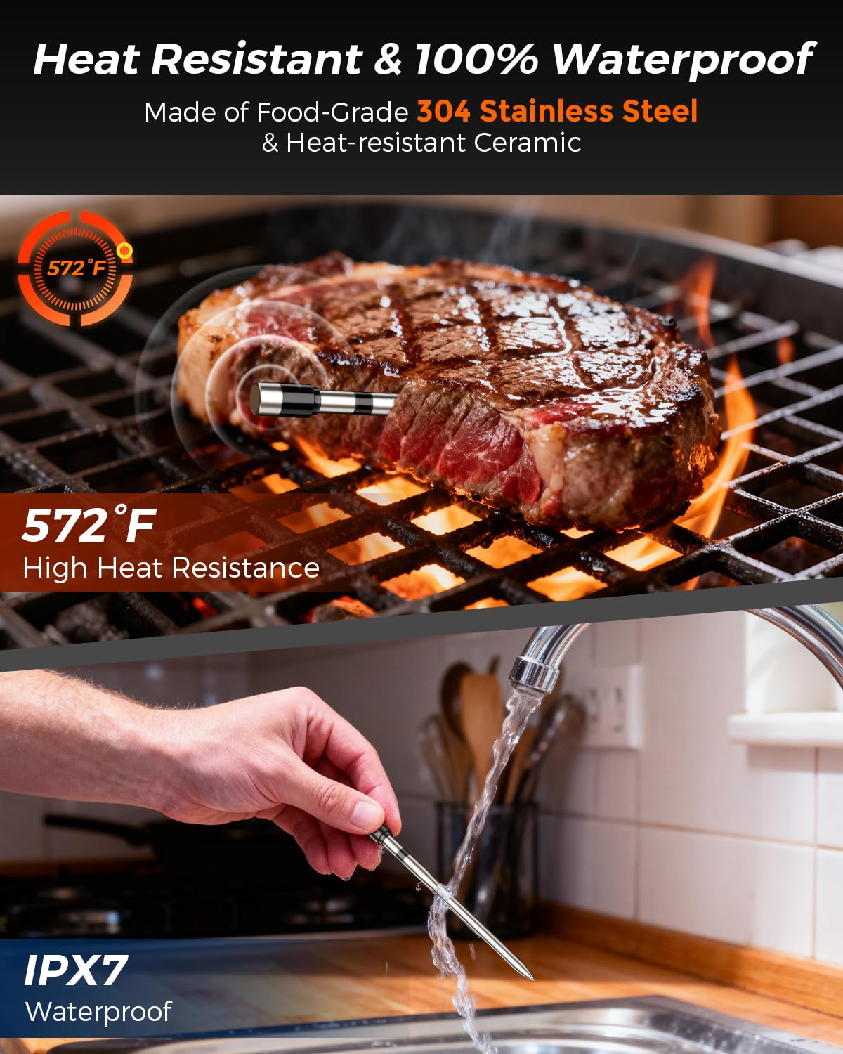 2025 AI Wireless Meat Thermometer, Smart Bluetooth Meat Thermometer Digital, ±0.5°F High Accuracy, Grill Temperature Probe for BBQ, Grilling, Smoker, Oven, Cooking, Air Fryer, 1 Probe