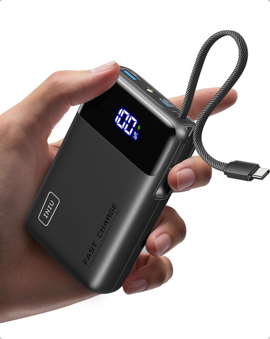 INIU 20000mAh Portable Charger, Smaller 45W Fast Charging Travel Power Bank | Flight-Safe, Built in USB-C Cable, Travel Essential, Battery Phone Pack for iPhone 17 16 Pro, Samsung S26, iPad etc