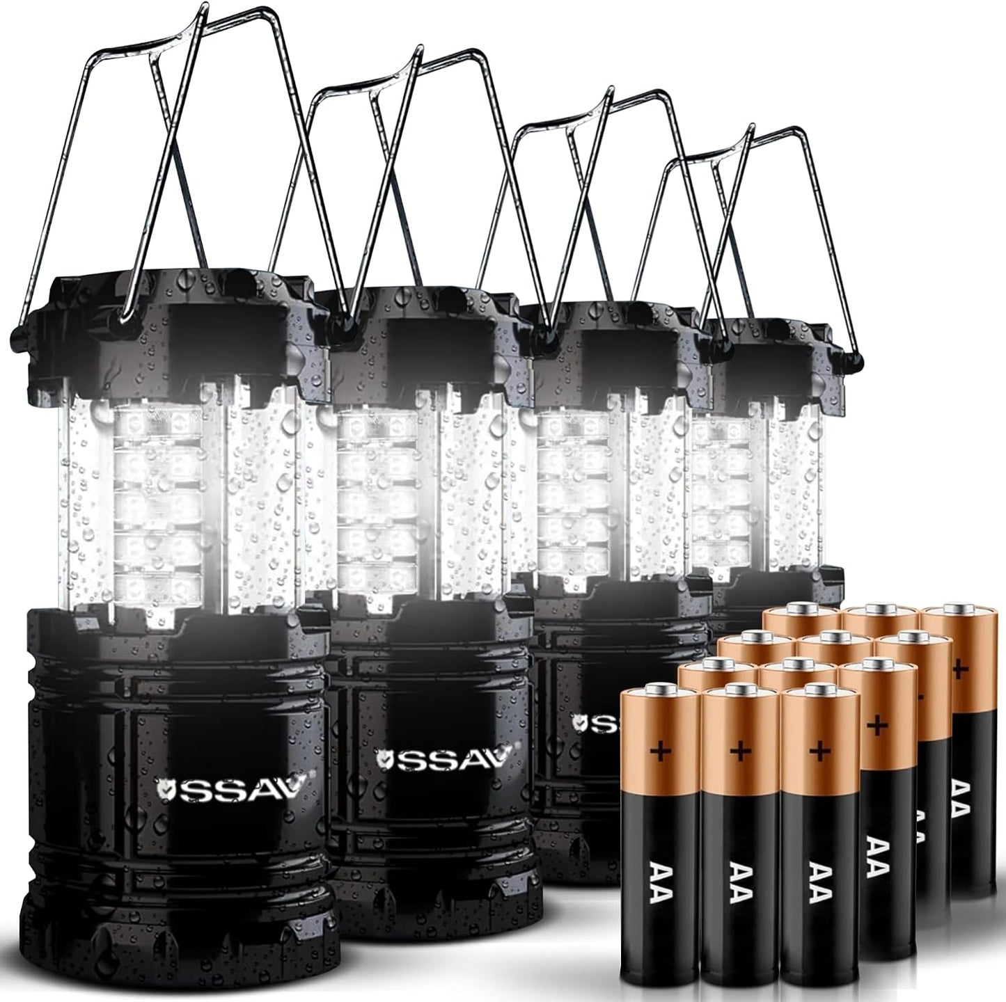SSAV LED Camping Lantern, Emergency Lanterns for Power Outages & Hurricane Preparedness, Collapsible Portable Survival Lights for Camping, Storms & Emergencies, Batteries Included (4, Black)