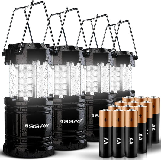 SSAV LED Camping Lantern, Emergency Lanterns for Power Outages & Hurricane Preparedness, Collapsible Portable Survival Lights for Camping, Storms & Emergencies, Batteries Included (4, Black)
