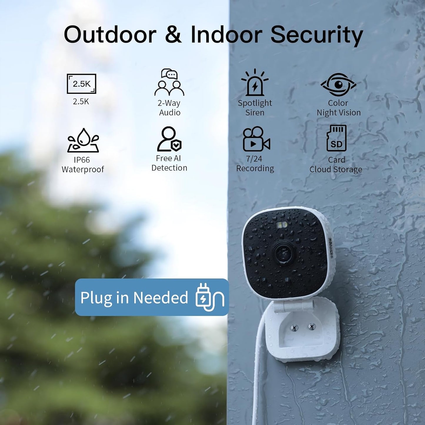 VIMTAG Security Camera Outdoor Indoor, 2.5K Cameras for Home Security Pet/Dog, Color Night Vision, Baby Monitor, Motion Activated Spotlight/Siren, IP66,2-Way Audio, Cloud/512G TF Card Storage,Plug-in
