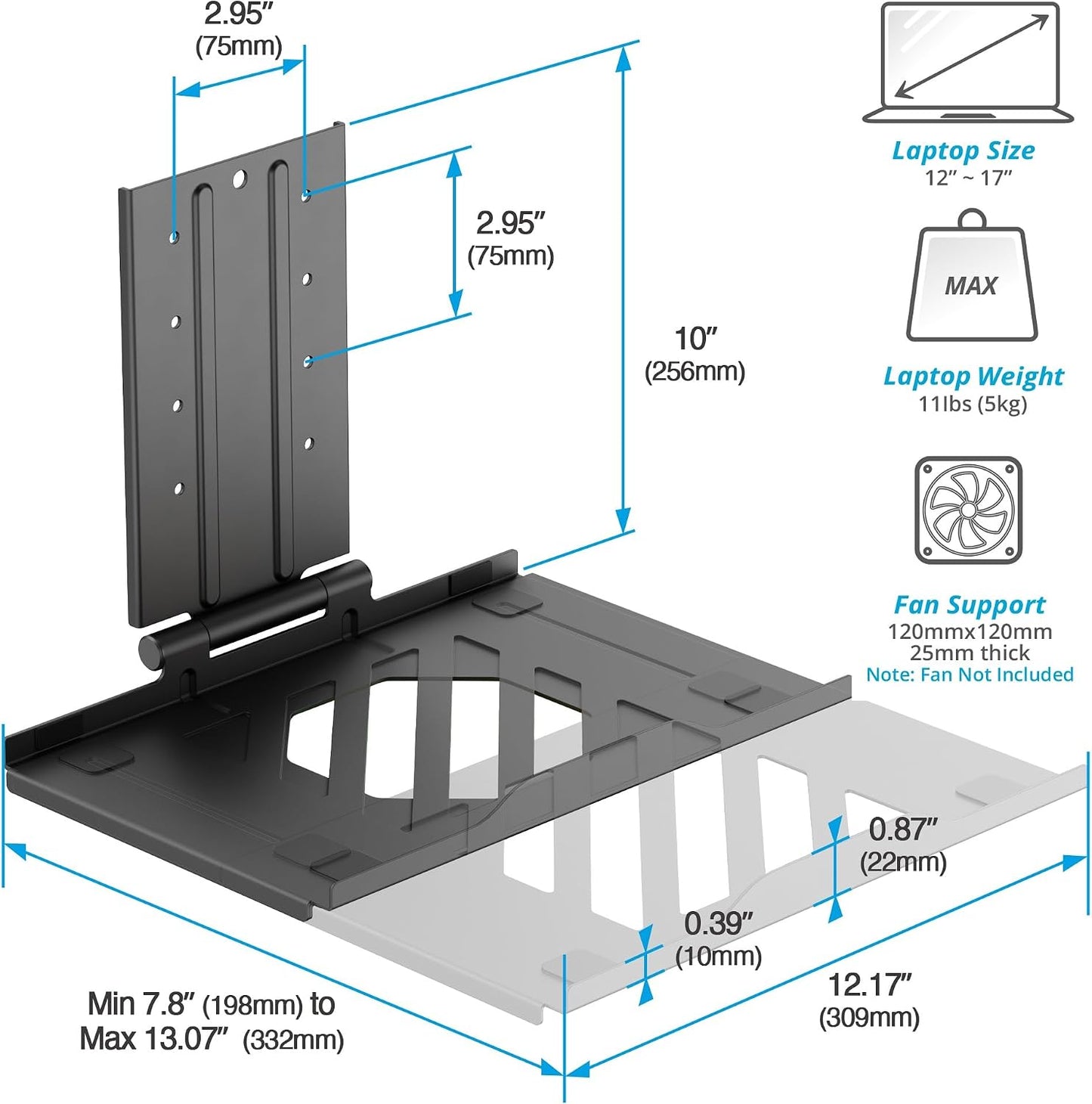 AVLT Adjustable Laptop Tray with Support for Fans Black (Fan Not Included) | Compatible with VESA 75x75 Monitor Arm - Suitable for Laptops Up to 17Inch - Weighs 4.41lbs for 120mm Fan