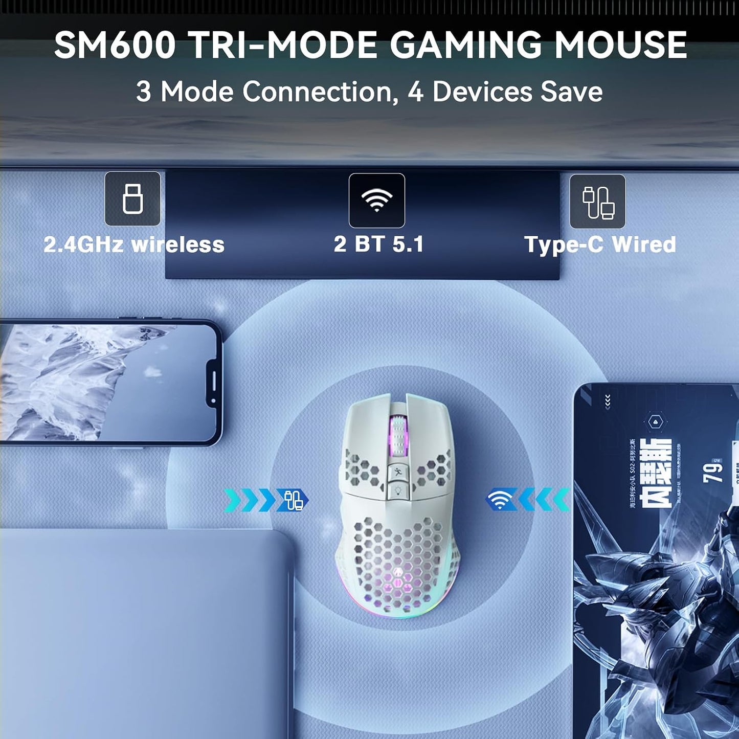 SOLAKAKA SM600 White Wireless Gaming Mouse,Tri-Modes BT5.1/Type-C Wired/2.4G Wireless Mouse with 2 Side Buttons, Programmable Macro Gamer Mouse with RGB Light for Laptop/PC/Mac