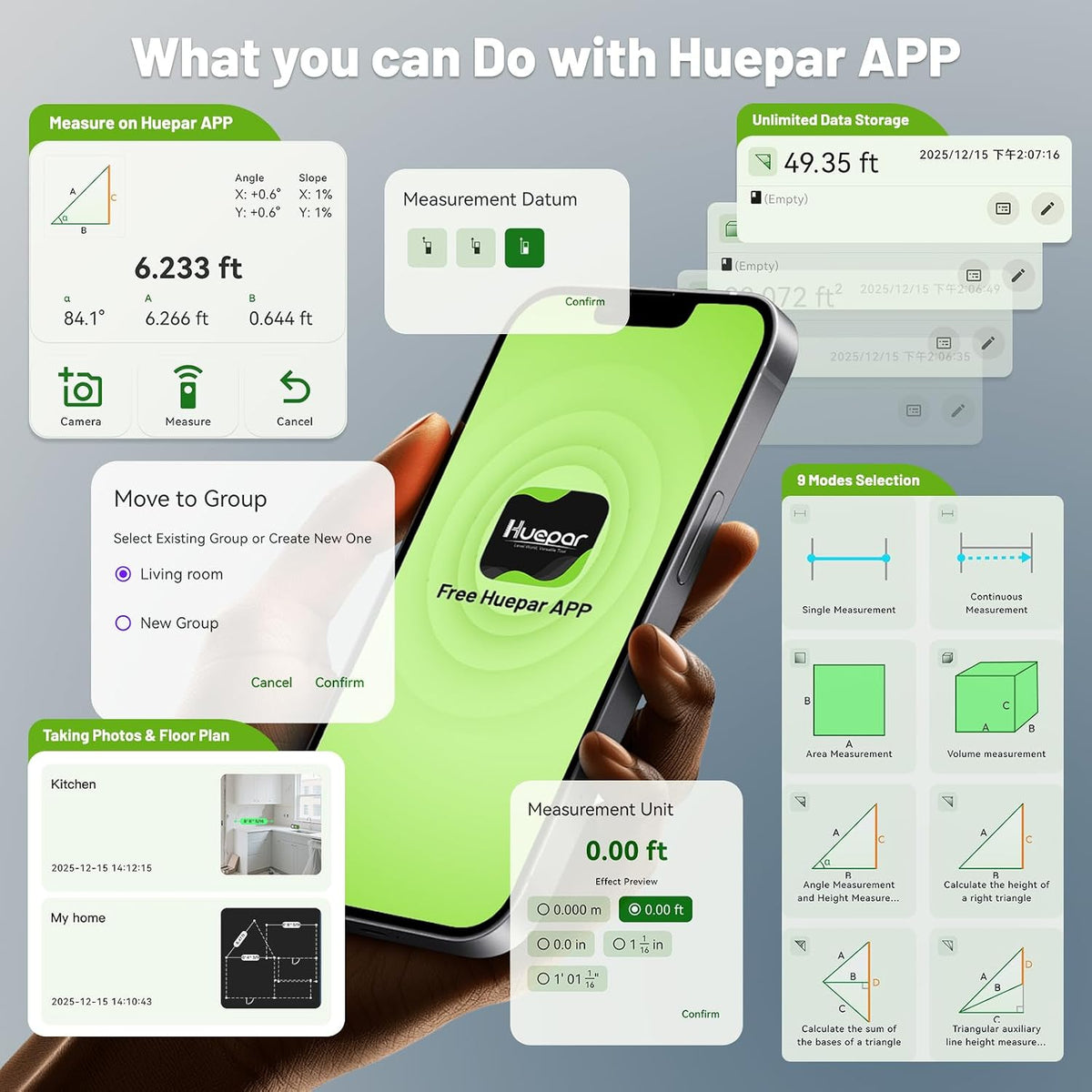 Huepar 395FT Bluetooth Green Laser Measuring Tool S120-G-BT | with 60" Tripod, APP Control, 1/16in Accuracy Laser Distance Measurement Tool, Digital Laser Room Measuring Device