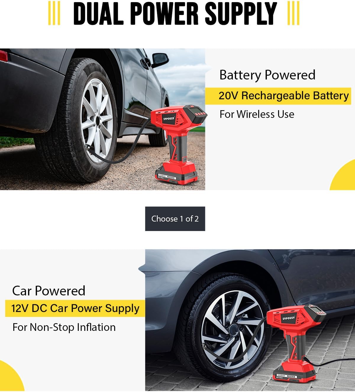 Tire Inflator Portable Air Compressor - 160PSI (20V Battery & 12V DC) | Cordless Tire Pump with Dual Power, 4X Faster Inflation Air Pump,Auto Shut Off, Digital Gauge for Car, Motorcycle, E-Bike