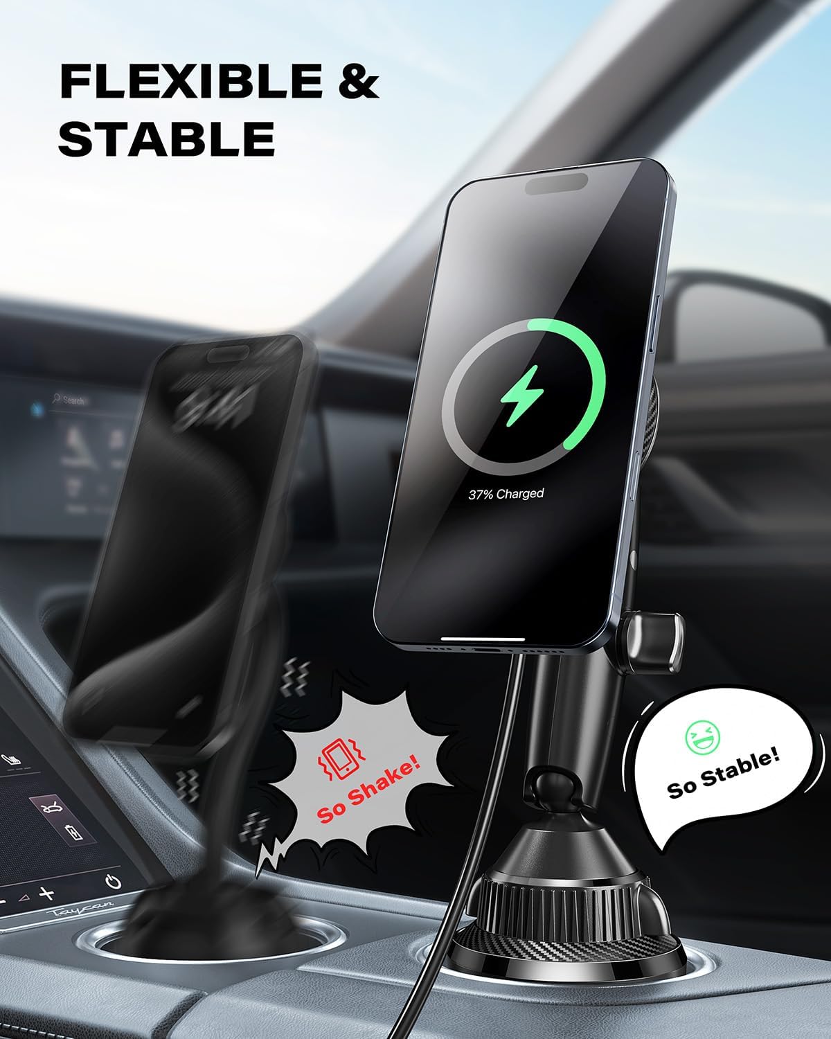 APPS2Car Upgraded for QI2 MagSafe Cup Holder Phone Holder Charger | 15W Fast Charging, Adjustable Tri-Pivot Arm, Wireless Magnetic Cell Phone Stand for iPhone 17 Air Pro Max Plus 16 15 14 13 12