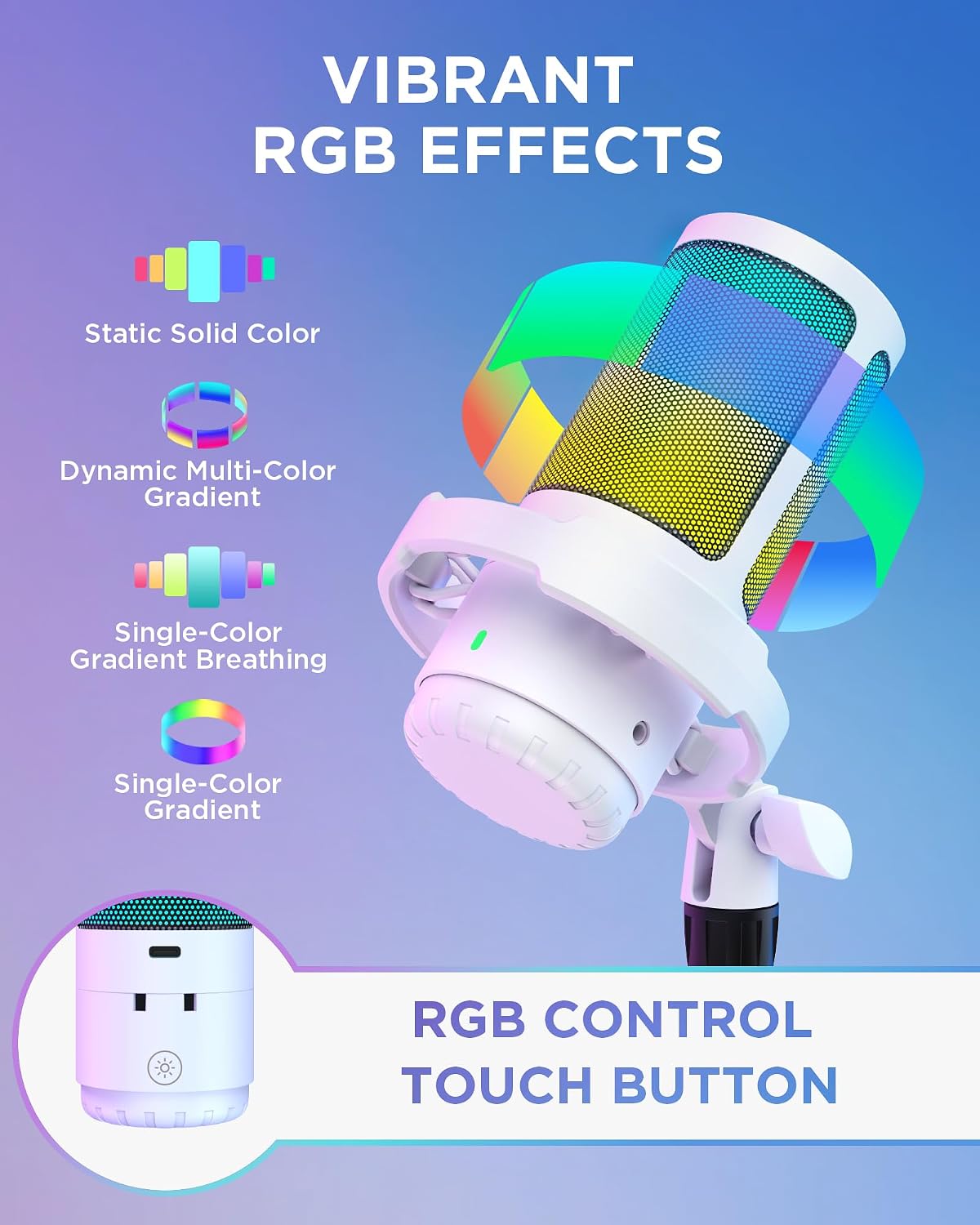 InnoGear USB Gaming Microphone for PC Boom Arm Condenser Mic Set, White | One-Touch Mute, Interruption-Free, Adjustable Boom Arm, Zero-Latency Monitoring, Work with Xbox, Changeable RGB Modes
