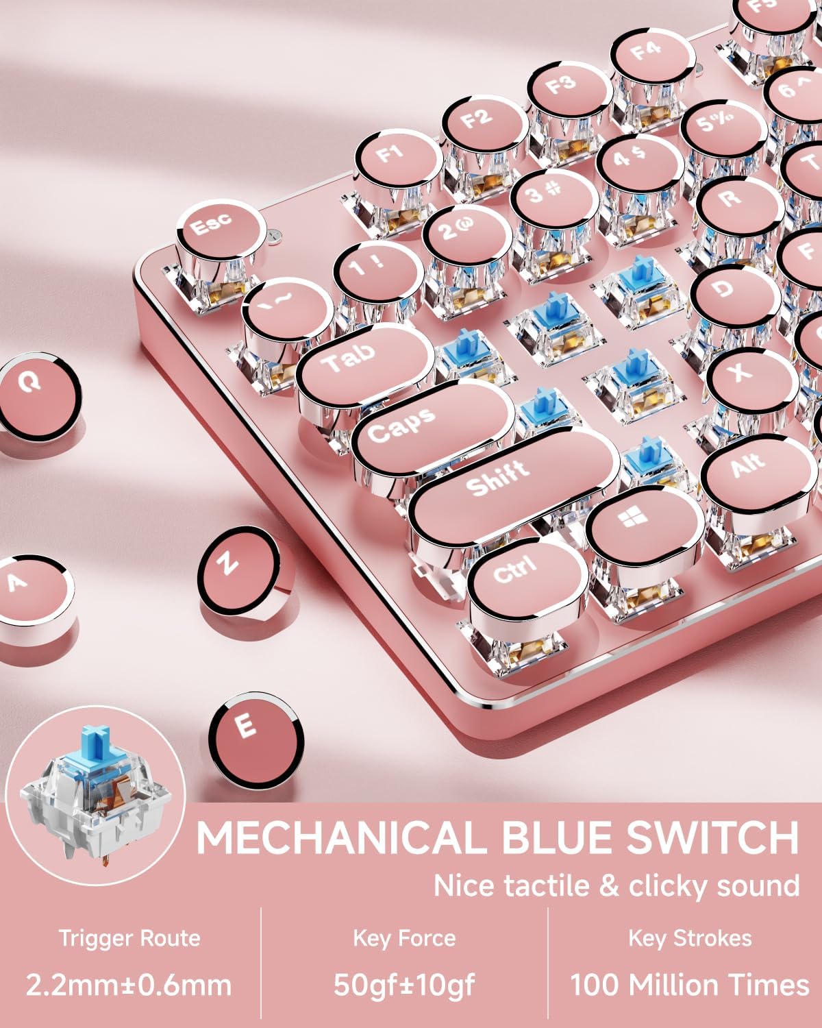 TK950 Typewriter Wireless Mechanical Keyboard, Aesthetic Tri-Mode Bluetooth/2.4G/Wired Retro Punk Typewriter Keyboard with White Backlit, Blue Switch, Round Keycaps for Laptop/Mac/iPad/Win, Pink