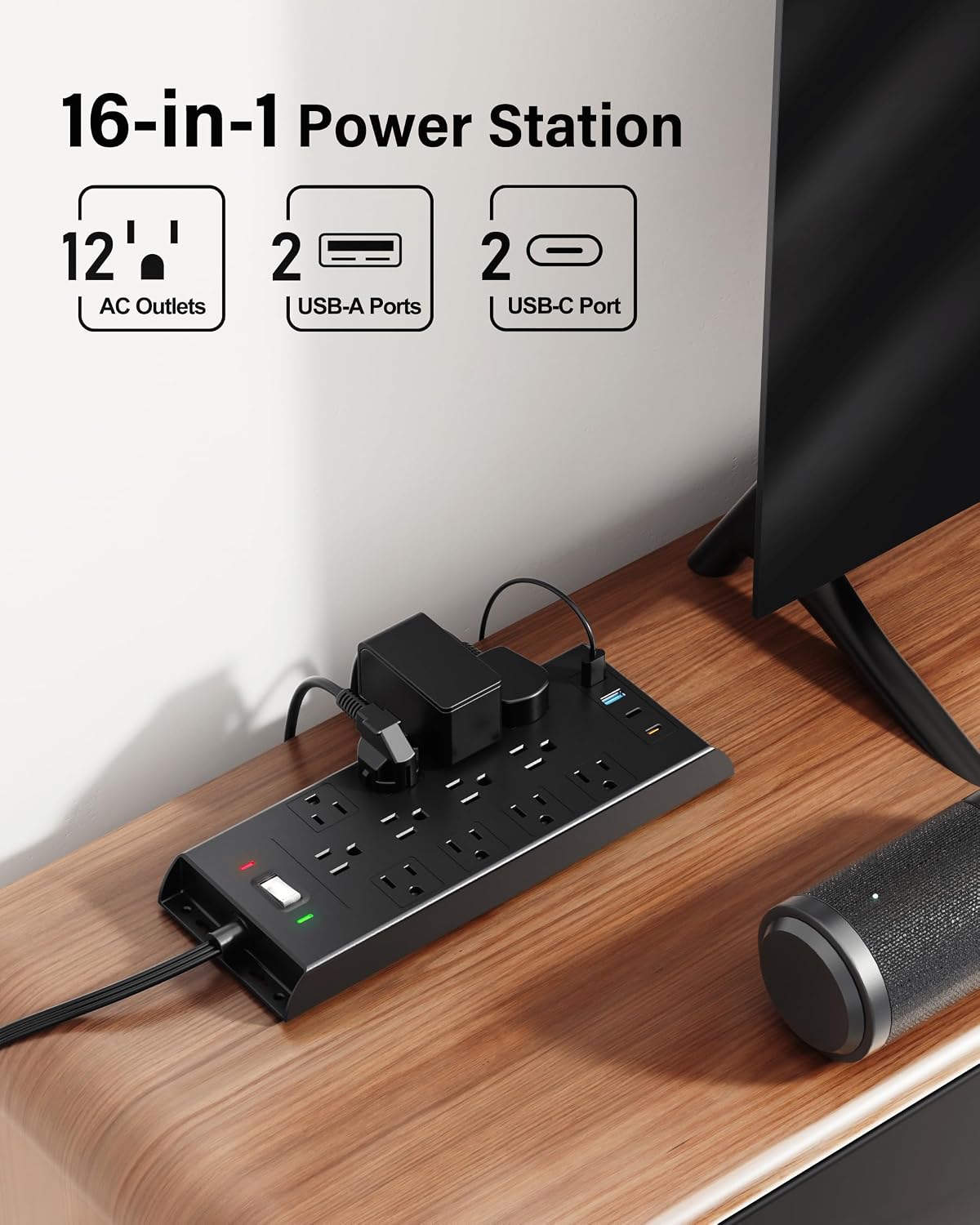 Surge Protector Power Strip 4800J, LeZone 10Ft Long Extension Cord Flat Plug, 12 Outlets 2 USB C 2 USB Ports, Wall Mountable, Desk Charging Station, Black