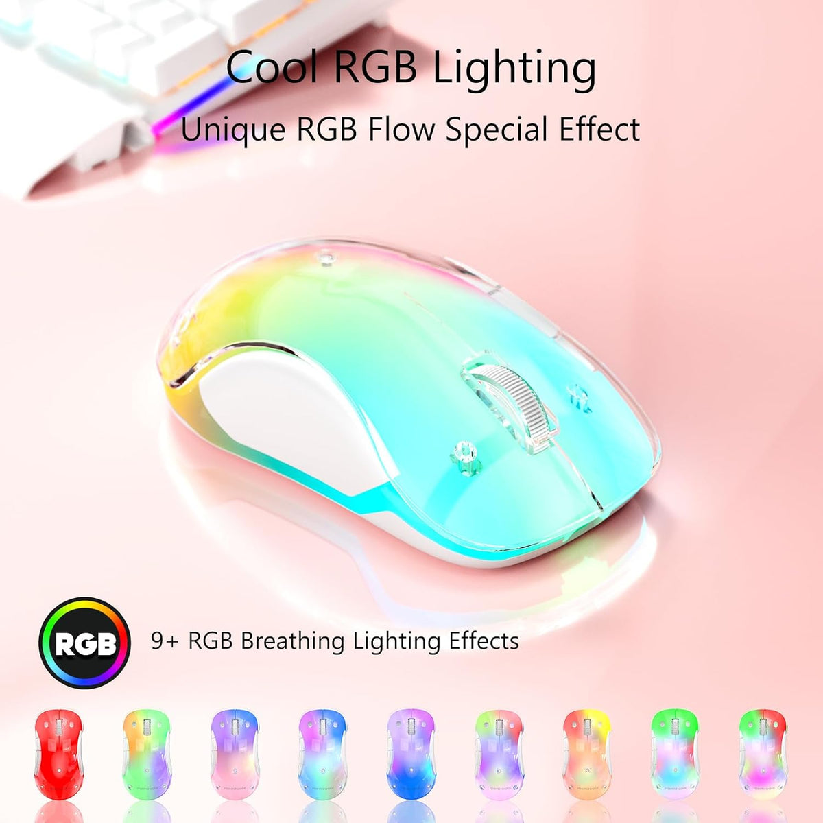 memzuoix 2.4G Wireless Mouse with Customizable Cover & 9-Color LED - Rechargeable Ergonomic, 1400 DPI, 5 Buttons, USB Receiver for PC/Mac - Pink