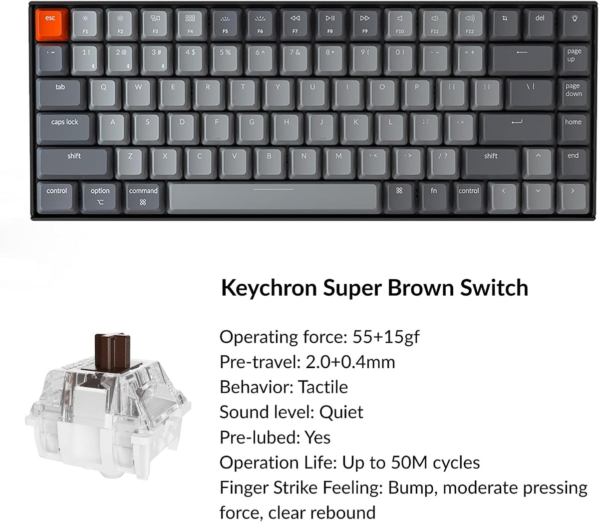 Keychron K2 75% Layout Bluetooth Wireless Mechanical Keyboard Super Switch/White LED Backlit/USB C/Anti Ghosting/N-Key Rollover, 84 Keys Gaming Keyboard for Mac Windows-Version 2