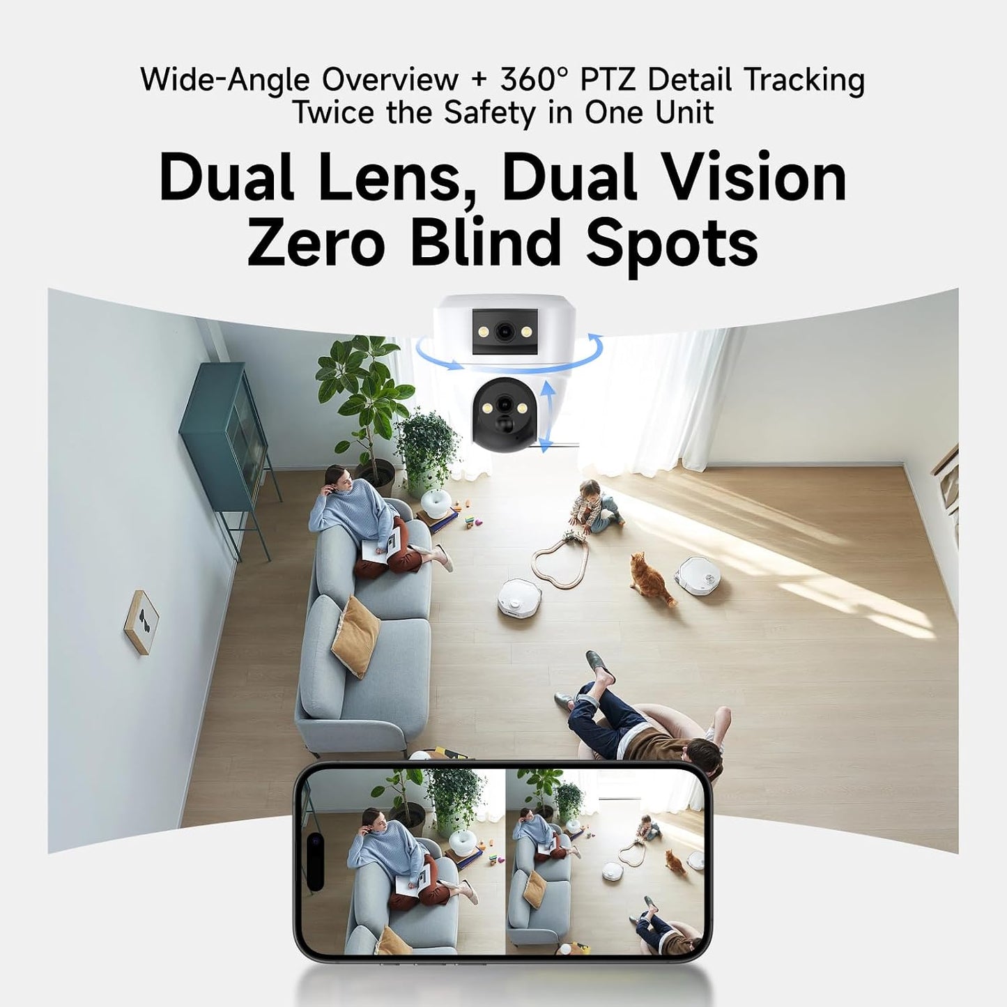 VSTARCAM 2K Dual Lens Security Camera Indoor, Free Cloud & SD Storage, No-Drill Ceiling Mount, 360° PTZ & Wide Angle, WiFi 6 2.4/5G, Color Night Vision, Motion Alerts, 6-Month Battery, 2-Way Talk