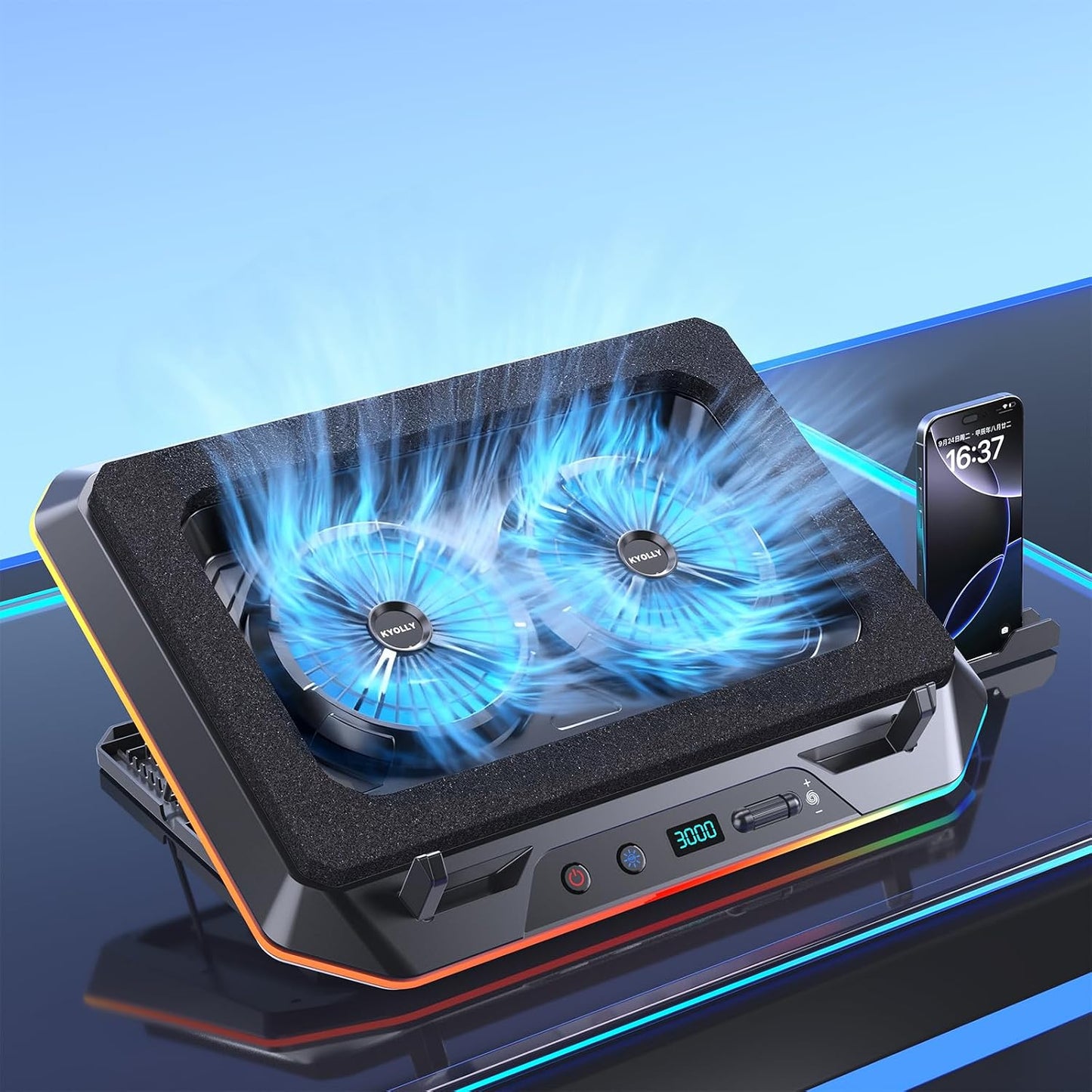 KYOLLY RGB Gaming Laptop Cooling Pad with Two Turbo Fan 3000RPM, Rapid Cooling for 15.6-19.3" Laptops, Variable Speed Control, 6 Adjustable Heights,10 RGB Lighting Modes,4 Hub