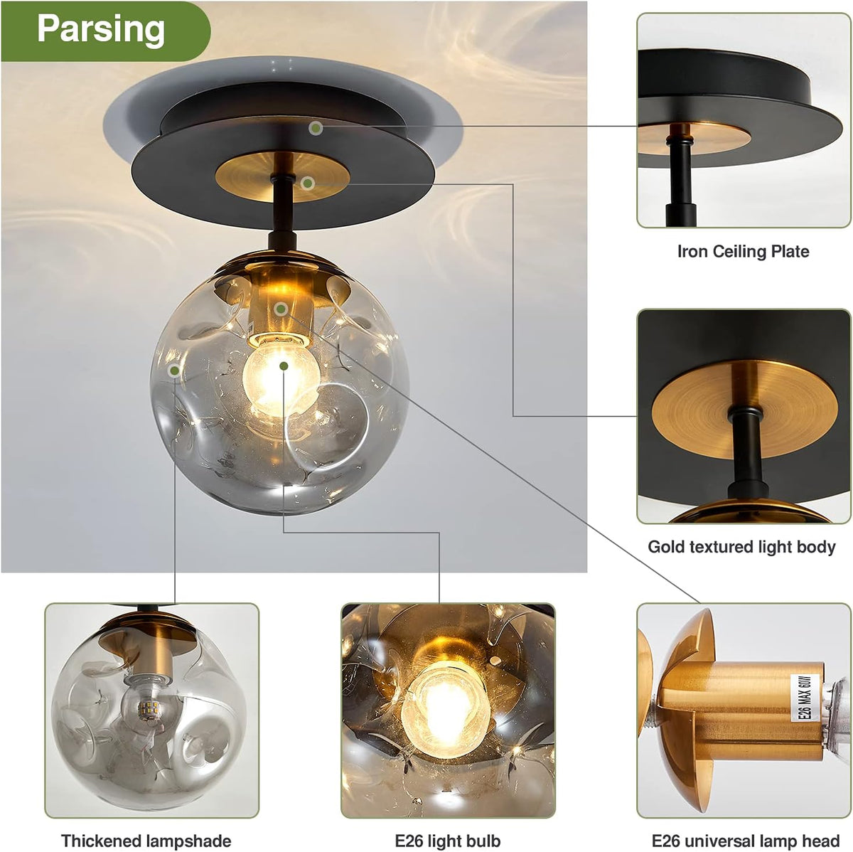1-Light Mini Glass Globe Ceiling Light,Modern Semi Flush Mount Light Fixture,Black Ceiling Light for Hallway Aisle Porch Stairway Closet.