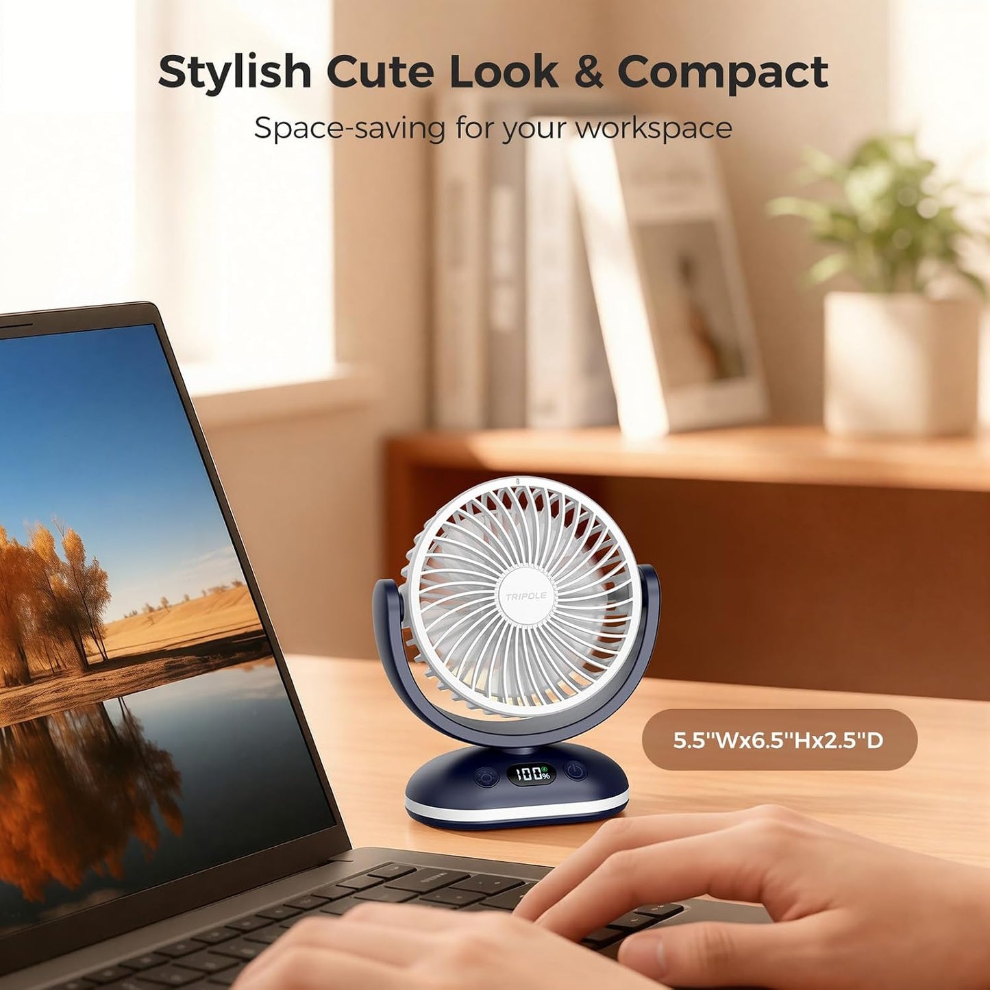 TriPole Small Rechargeable Portable Desk Fan with Smart Display & LED Light | 31H Runtime, Quiet Operation, 4 Speeds, Mini Battery Operated Fan for Bedroom Office Outdoor Travel Camping Cruise, White