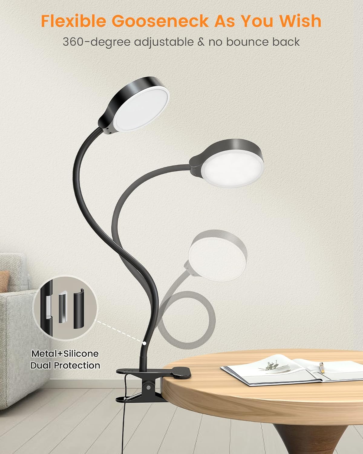 Glocusent 5W Clip on Light, 3 Colors & 5 Brightness Reading Light for Bed | Flexible Gooseneck Clip on Lamp, 30-Min Timer, Reading Lamp, Perfect Desk Lamp for Dorm,Bunk,Bed,Headboard,Table,Work,Craft