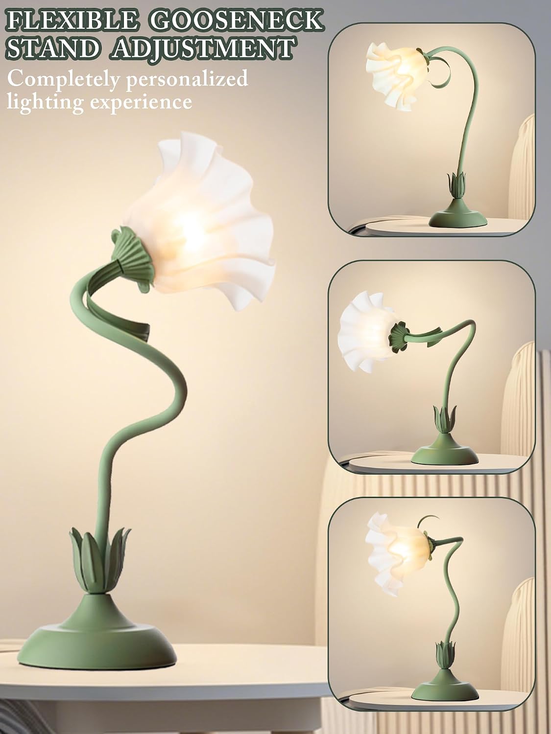 Flower Table Lamp, LED Reading Light Bedside Vintage Night Light (Green) | 3 Colors Modes Kawaii Flower Lamps Decor,Living Room Bedroom Lighting Table Lamps Home Decoration