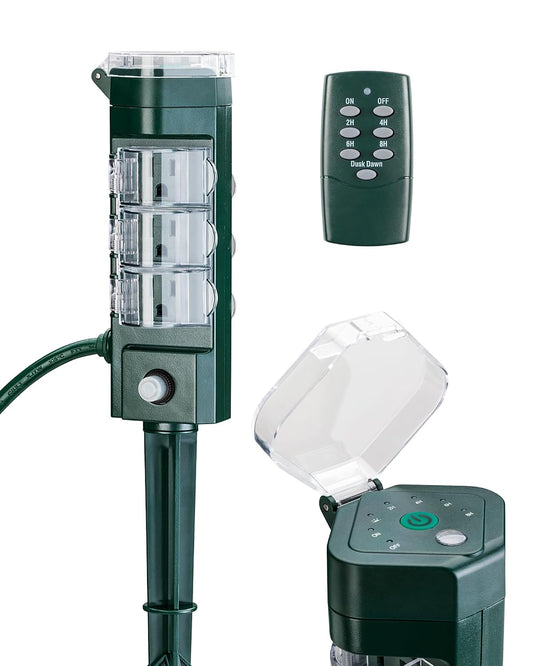 HBN Outdoor Photocell Light Timer,6 Outlet,Remote Control,6 Ft Cord