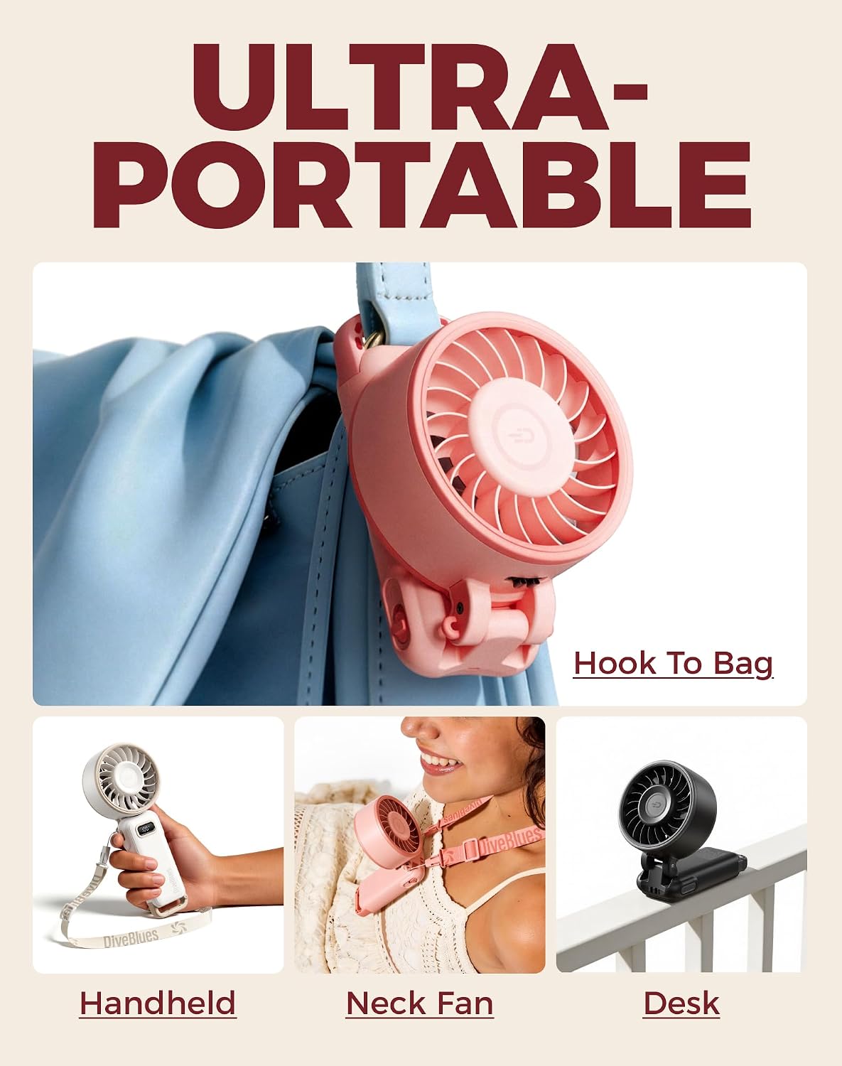 Diveblues Portable Turbo Fan, 100 Speed Handheld Fan with Strong Airflow, Foldable 4 in 1 Personal Fan for Neck, Desk & Travel, USB-C Rechargeable, Lightweight for Summer, Concerts & Outdoor Use