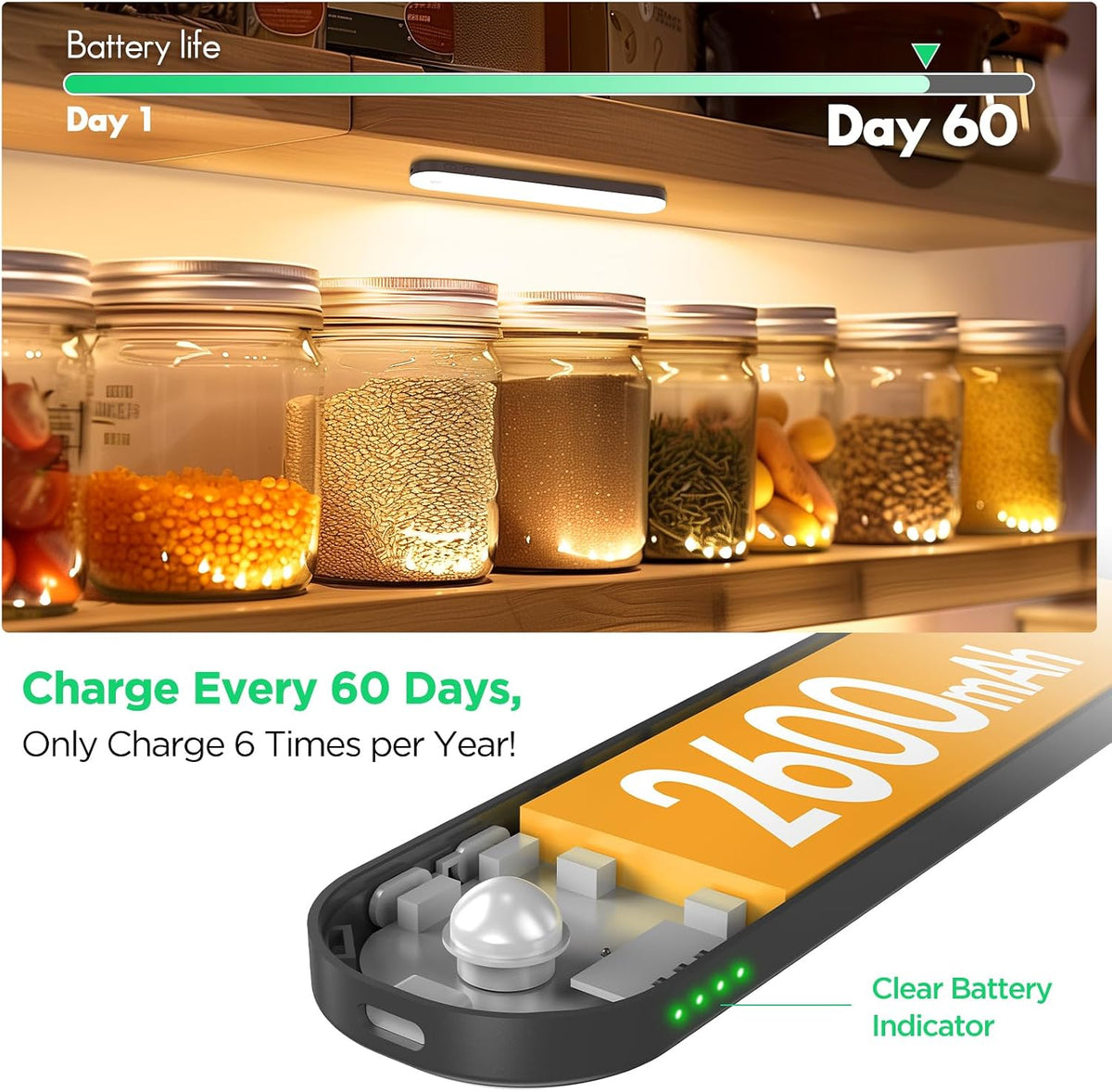 deerdance Under Cabinet Lighting, Motion Sensor Lights Indoor with Soomth Dimming, 2600mAh Rechargeable Closet Lights Wireless, Magnetic Under Counter Lights for Kitchen Hallway Stairs, 6-Pack