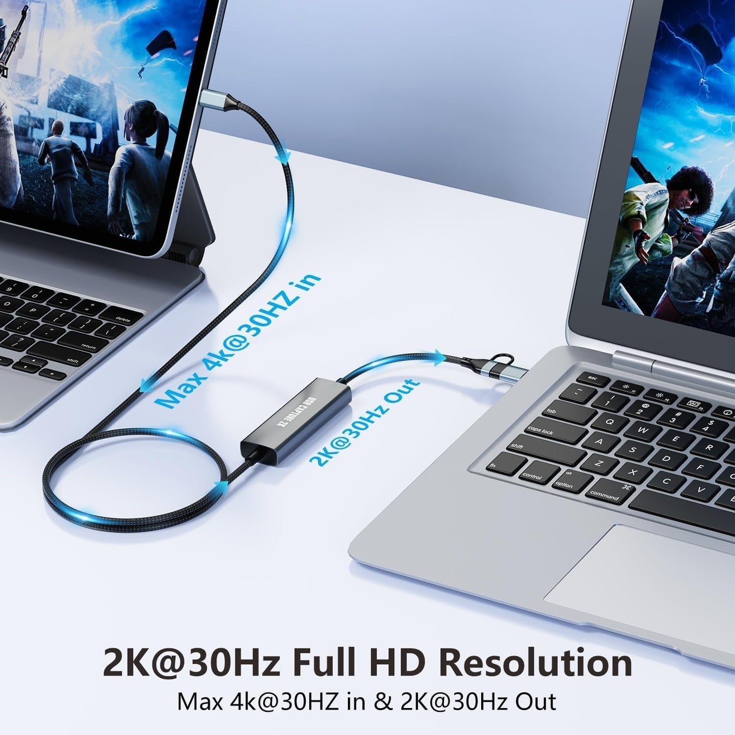 1080P 60FPS 2K@30Hz Capture Card, Type C to USB-A/C Video Capture Card USB 3.0 with 100W Power Delivery Ultra-Low Latency for Streaming, Recording, Gaming Compatible with Switch, iPad, Steam