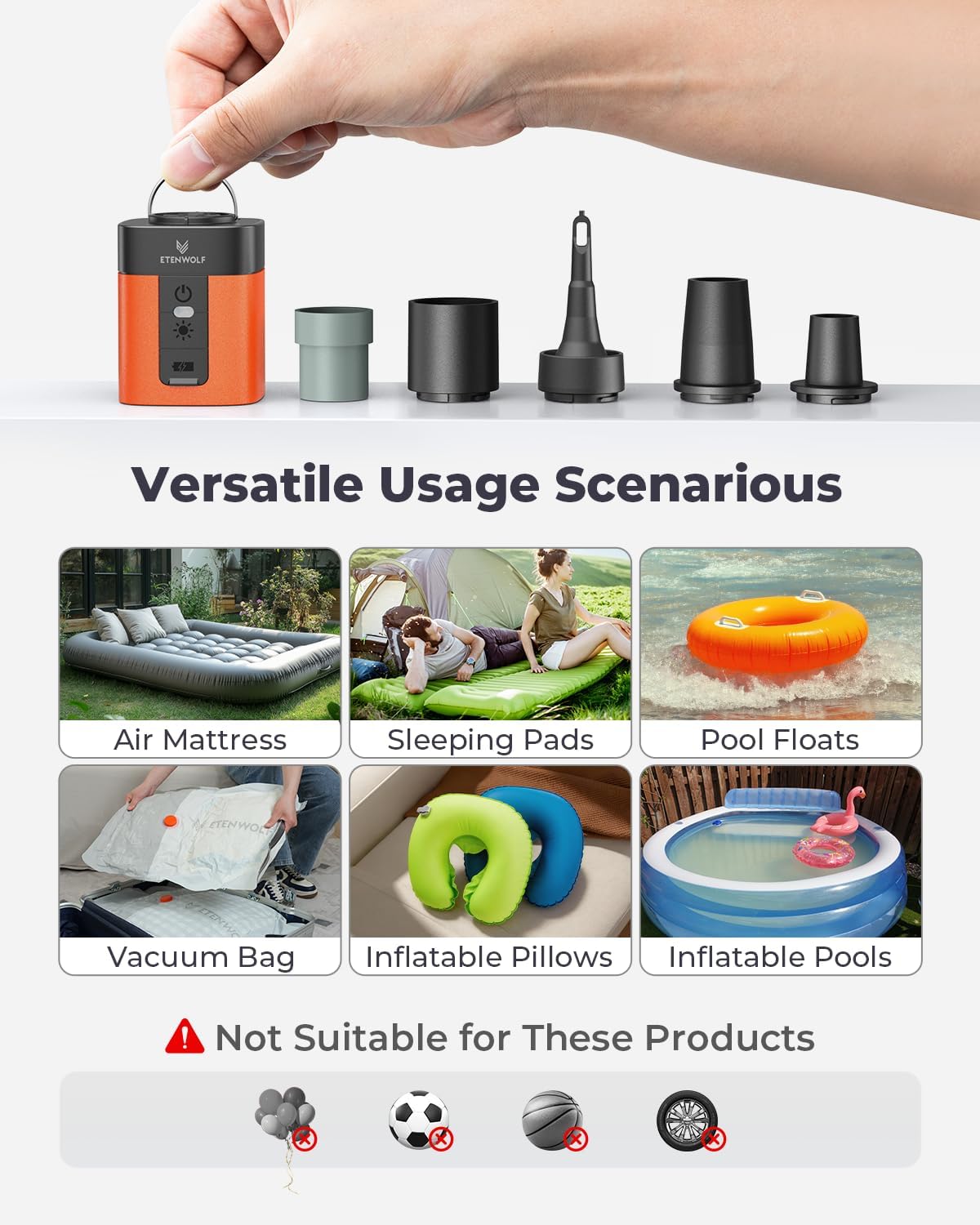 ETENWOLF AIR 3 Air Pump for Inflatables with 2600mAh Battery& Camping Light | Ultra-Fast and Mini Electric Air Pump, Inflate Deflate for Air Mattress, Pool Floats, Vacuum Storage Bags