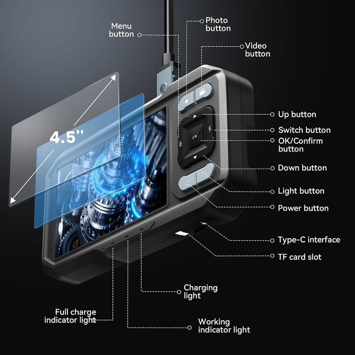 KIRFEIHT Endoscope Camera with Light, Dual Lens Borescope Camera with Light | IP67 Waterproof Inspection Camera with 32GB Card, 16.4FT Semi-Rigid Snake Cord, Android & PC Compatible for HVAC Automotive