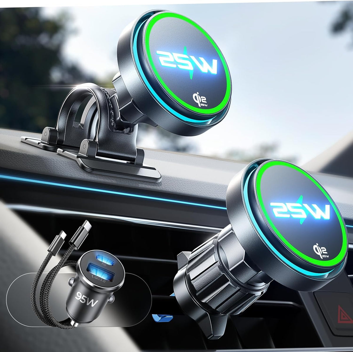 LISEN for Qi2.2 25W MagSafe Car Mount Charge,Cooling Fan,95W Fast Adapter | 3 IN 1 Fast Charging Mag safe Car Charger, iPhone Car Mount for Car Accessories for iPhone 17 Pro Max Air 16 15 14 13 12