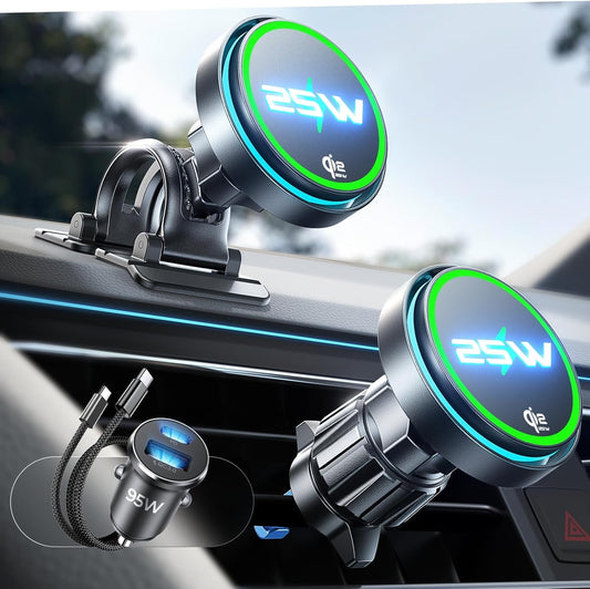 LISEN for Qi2.2 25W MagSafe Car Mount Charge,Cooling Fan,95W Fast Adapter | 3 IN 1 Fast Charging Mag safe Car Charger, iPhone Car Mount for Car Accessories for iPhone 17 Pro Max Air 16 15 14 13 12