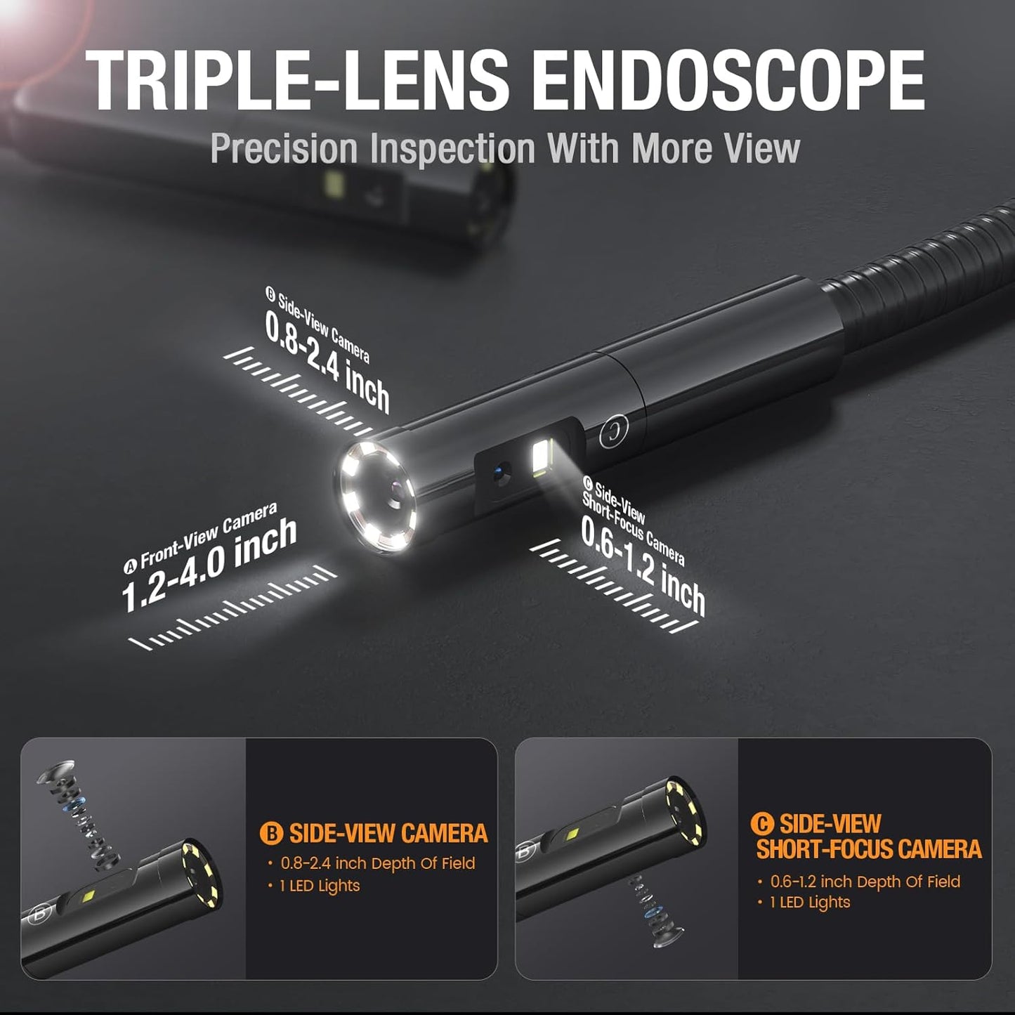 Teslong NTS700 Triple Lens Borescope with 7" 720P IPS Screen | 16.5FT Replaceable Gooseneck for Automotive HVAC, 1280x720 HD Display, 8+1+1 LEDs, IP67, 6000mAh, 32GB, 5FT, Hard Case