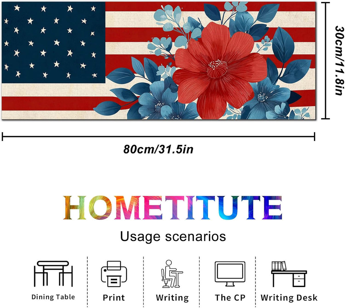 HOMETITUTE Mouse Pad 31.5 x 11.8 Inch American Flag Floral Desk Mat XL Large Extended Keyboard Mat Computer Desk Pad Non Slip Waterproof Mouse Pads Gaming Office Accessories