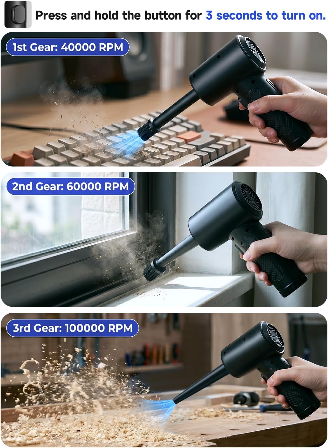 Compressed Air Duster,100000RPM Electric Air Duster for Computer Keyboard | Rechargeable Cordless Air Blower with LED Light, Fast Charge Portable Air Can for PC Cleaning
