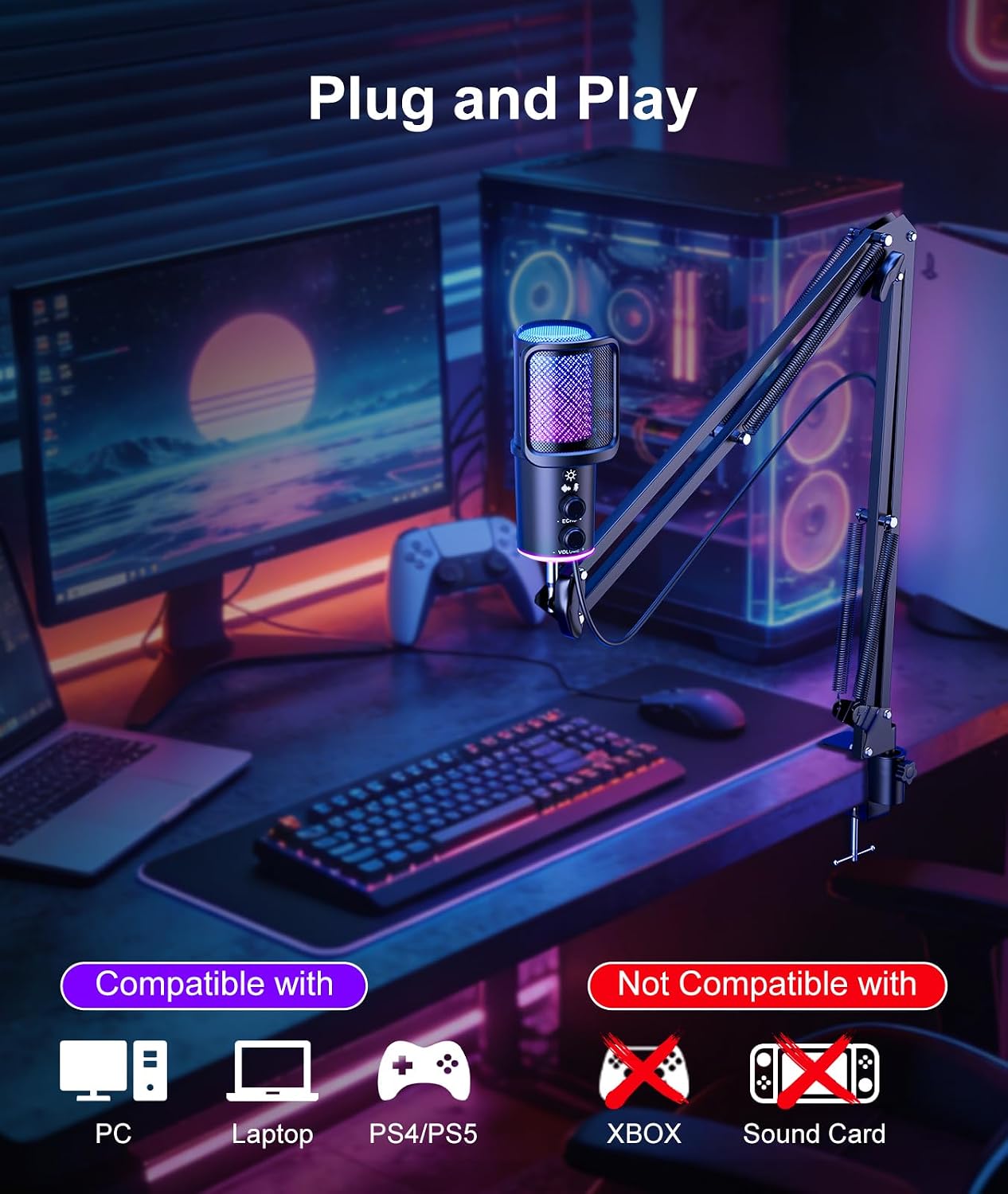 Gaming USB Microphone, Noise Cancellation Condenser Mic with Mute,Boom Arm Mic-Reverb Adjustment, Monitoring for Streaming, Podcasting, Discord, YouTube,PC, Computer, PS4, PS5, Mac