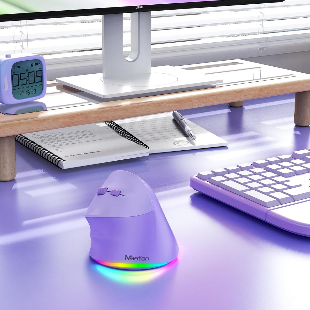 MEETION Left-Handed Wireless Ergonomic Vertical Mouse, Rechargeable -Purple | Dual Bluetooth 5.2/3.0 + USB, RGB lighting, 4 adjustable DPI, compatible with Windows, Mac, PC, iPad and tablets