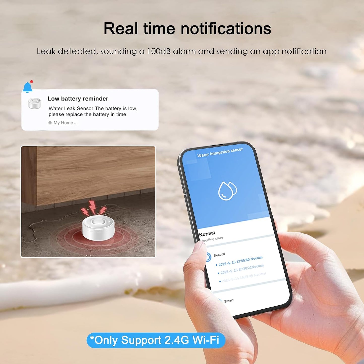 WiFi Water Leak Detector: Smart Water Sensor Alarm,100dB Adjustable Alarm and App Alerts for Kitchens, Basements, Bathrooms, 2 Detectors & 1 Base Station