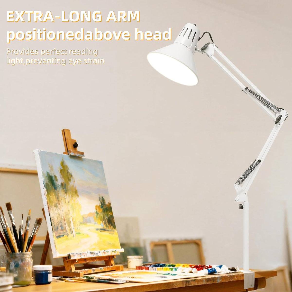 White Desk Lamp with Clamp, Extra-Tall Adjustable Metal Swing Arm, 5000K
