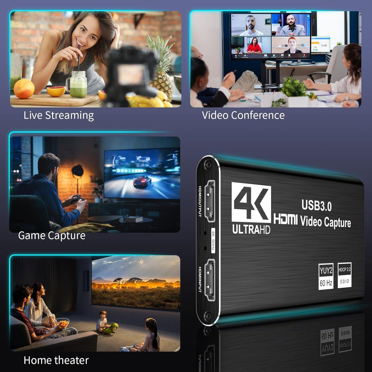 XIIXMASK Video Capture Card, Audio Video Capture Card, USB 3.0 Capture Card 4K HDMI Loop-Out, 1080P 60FPS/2K 30FPS Video Game Capture for Streaming Works for PS5/Switch/Camera/PC/OBS(Black)