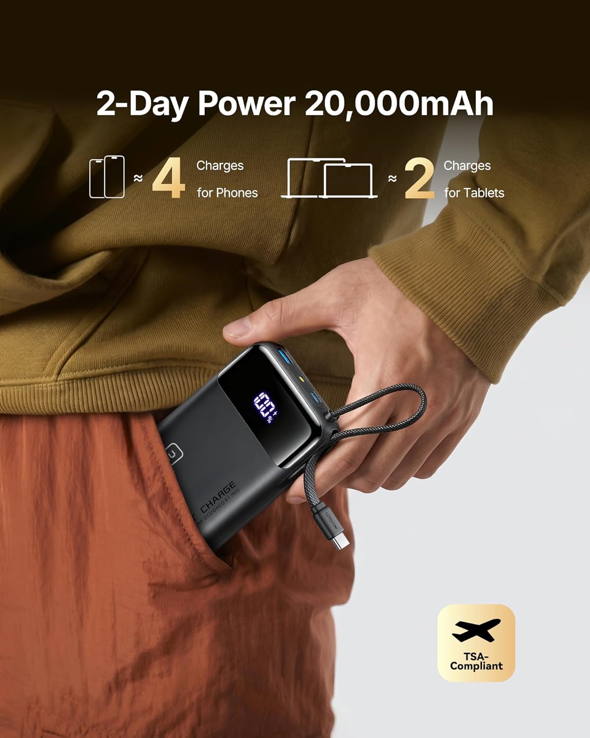 INIU 20000mAh Portable Charger, Smaller 45W Fast Charging Travel Power Bank | Flight-Safe, Built in USB-C Cable, Travel Essential, Battery Phone Pack for iPhone 17 16 Pro, Samsung S26, iPad etc