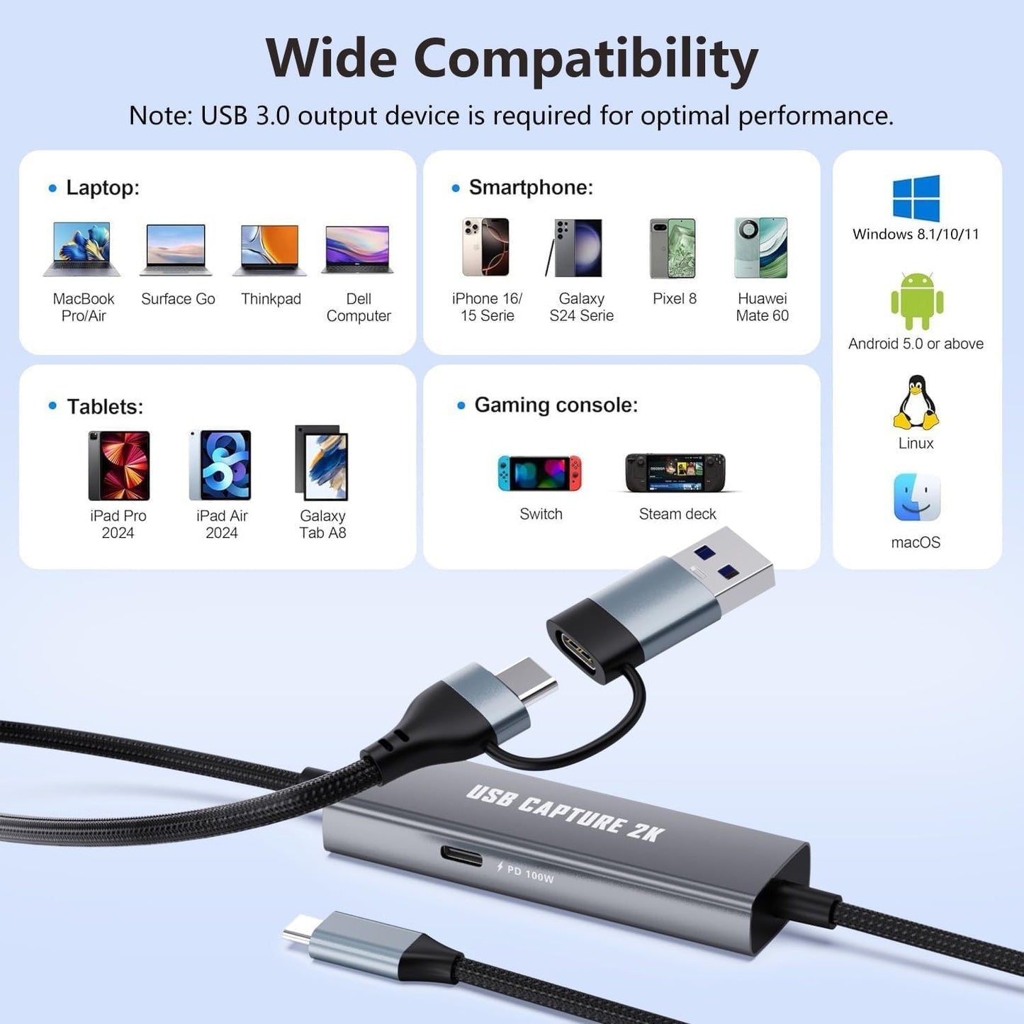 1080P 60FPS 2K@30Hz Capture Card, Type C to USB-A/C Video Capture Card USB 3.0 with 100W Power Delivery Ultra-Low Latency for Streaming, Recording, Gaming Compatible with Switch, iPad, Steam