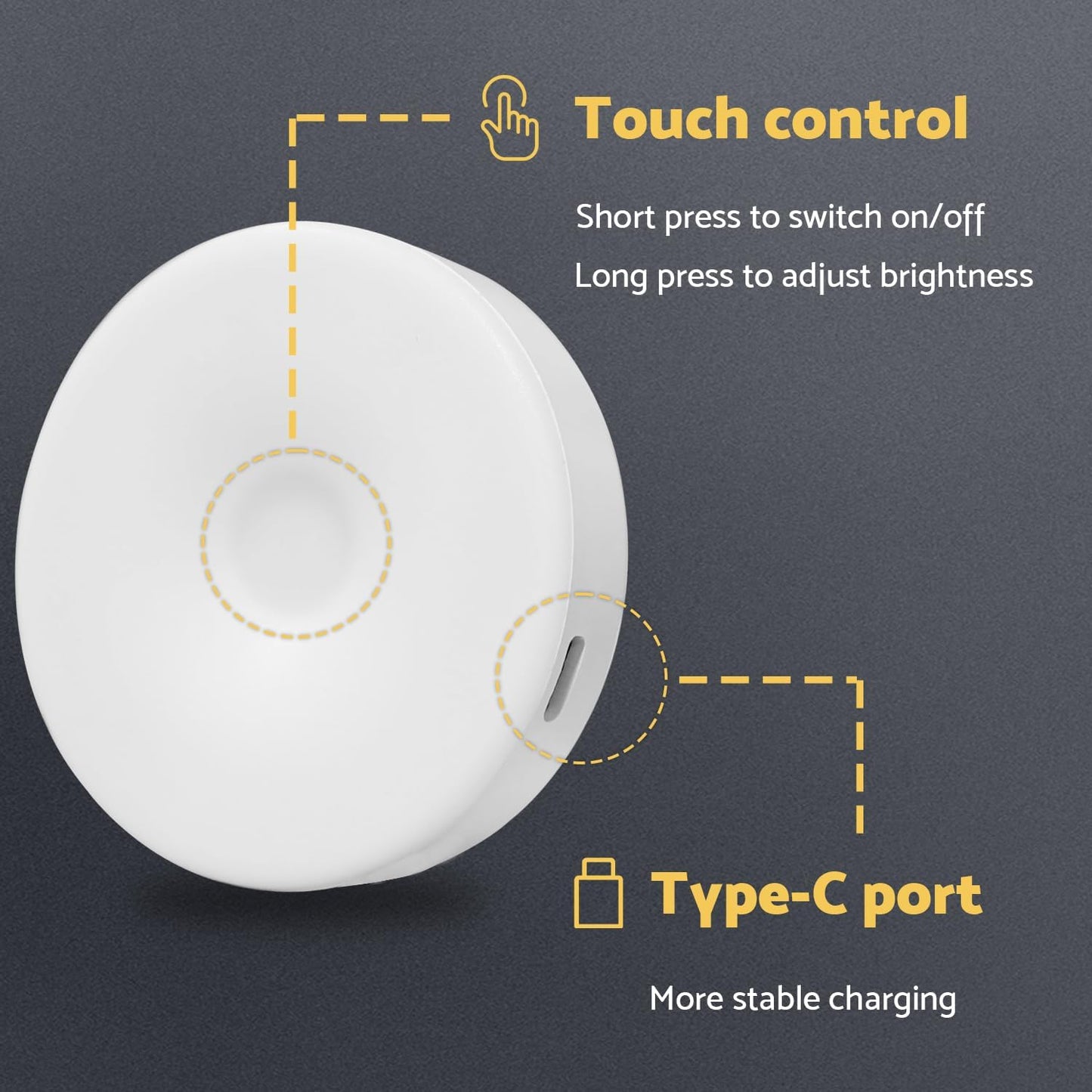 DAZZY DOT Rechargeable Puck Lights 2-Pack, Magnetic Tap Light, Warm Yellow | Dimmable touch control, magnetic & adhesive mounting, 1000mAh rechargeable battery, 8 LED beads, brightness memory