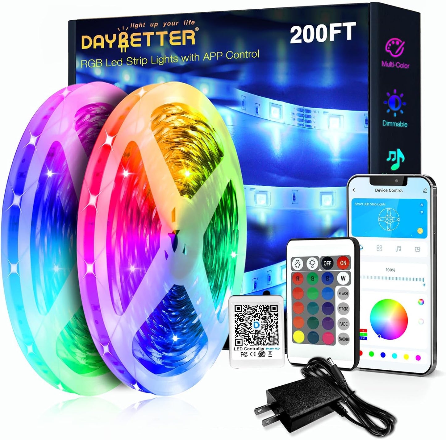 DAYBETTER LED Strip Lights 200ft 2 Rolls 100ft, RGB Color Changing Light Strips with Remote & 24V Power Supply, Indoor Decor Lights for Bedroom Desk Room, Birthday Gifts for Girls Boys