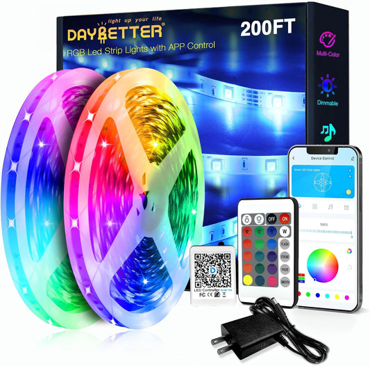 DAYBETTER LED Strip Lights 200ft 2 Rolls 100ft, RGB Color Changing Light Strips with Remote & 24V Power Supply, Indoor Decor Lights for Bedroom Desk Room, Birthday Gifts for Girls Boys