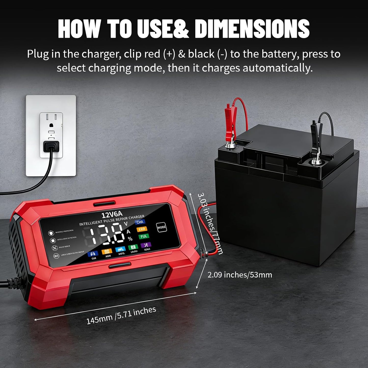 12V Smart Car Battery Charger with LCD Display, Automatic Trickle Charger, Jump Starter Red, Multiple Protection, Pulse Repair Technology, Compatible with 1100/ABS/APRC/RSV4 Models