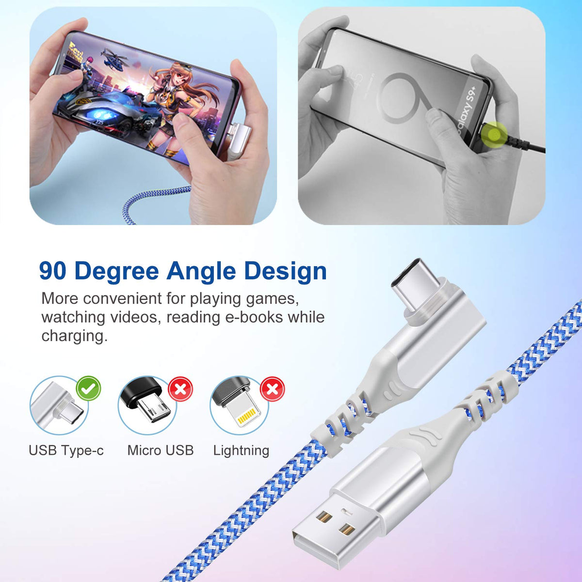 USB C Cable Fast Charging,3Pack 10ft Nylon Right Angle USB A to USB C Cable