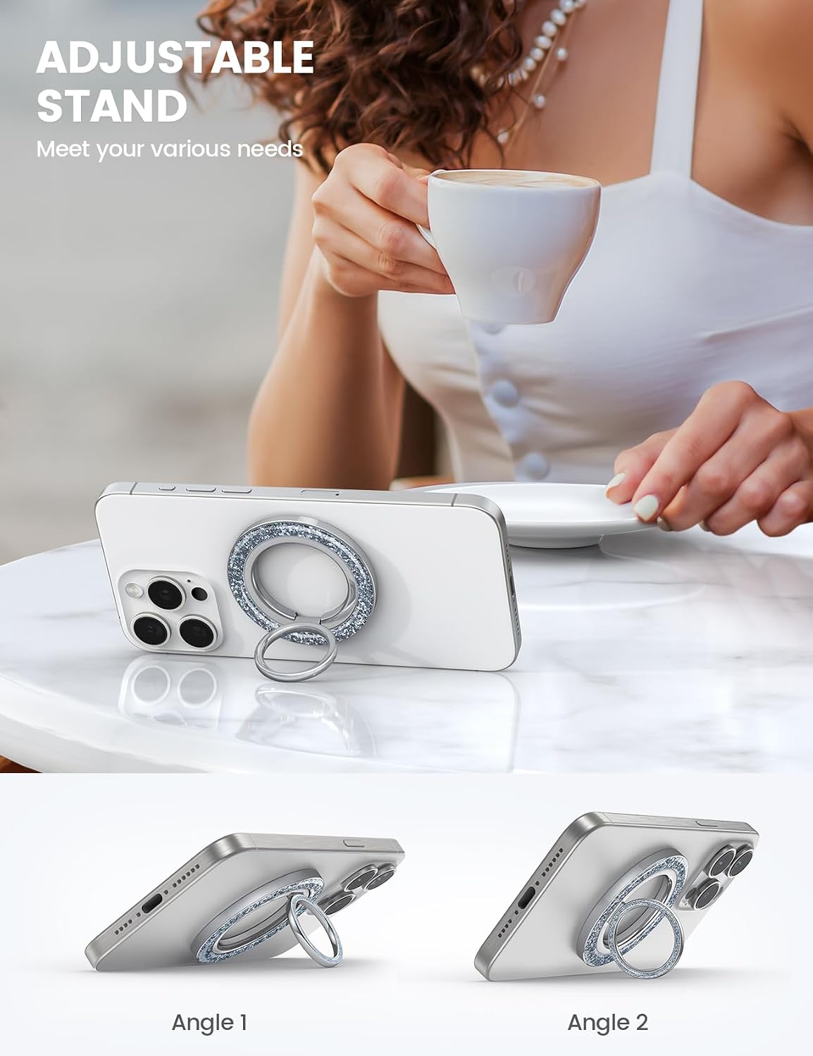 Lamicall Magnetic Phone Ring for MagSafe, Super Magnet Glitter Silver Grip | 360° Rotating Durable Gear Hinge, Stylish Ring Stand for iPhone 17 16 15 Pro Max Air, Mag Safe Decor Accessories for Mother