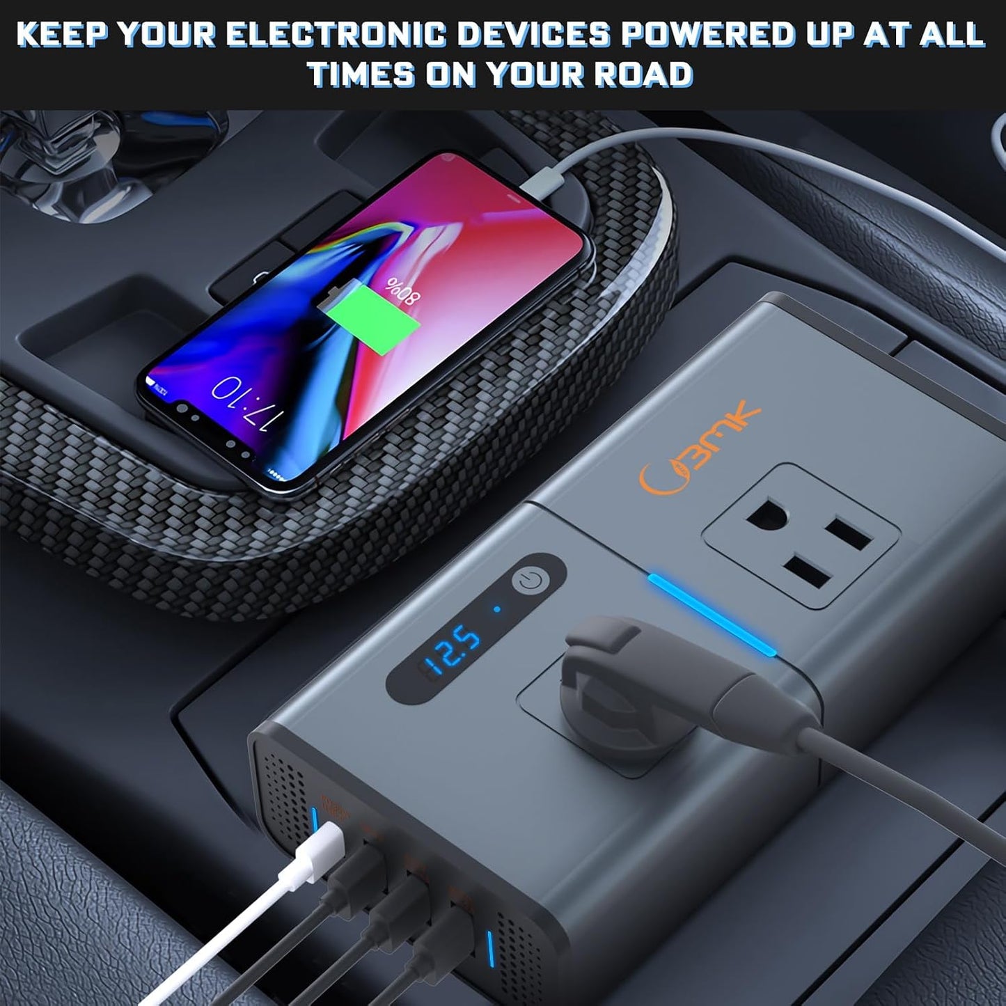 200W 7-in-1 Car Power Inverter DC 12V to 110V AC with Dual PD 36W USB-C & QC 3.0 30W, 2 AC Outlet Car Plug Adapter, LED Voltage Display, Quiet Cooling Fan for Laptop Road Trip Camping